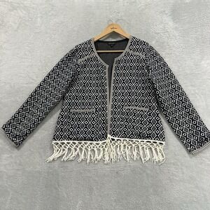 Faanz Blazer Women's Bespoke Open Front Jacket Argyle Print Tassle Trim Fringe